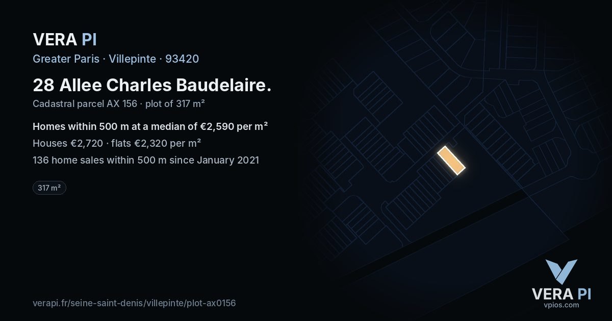 28 Allee Charles Baudelaire, Villepinte at night – the plot lit, the parcels around coloured by the prices near them