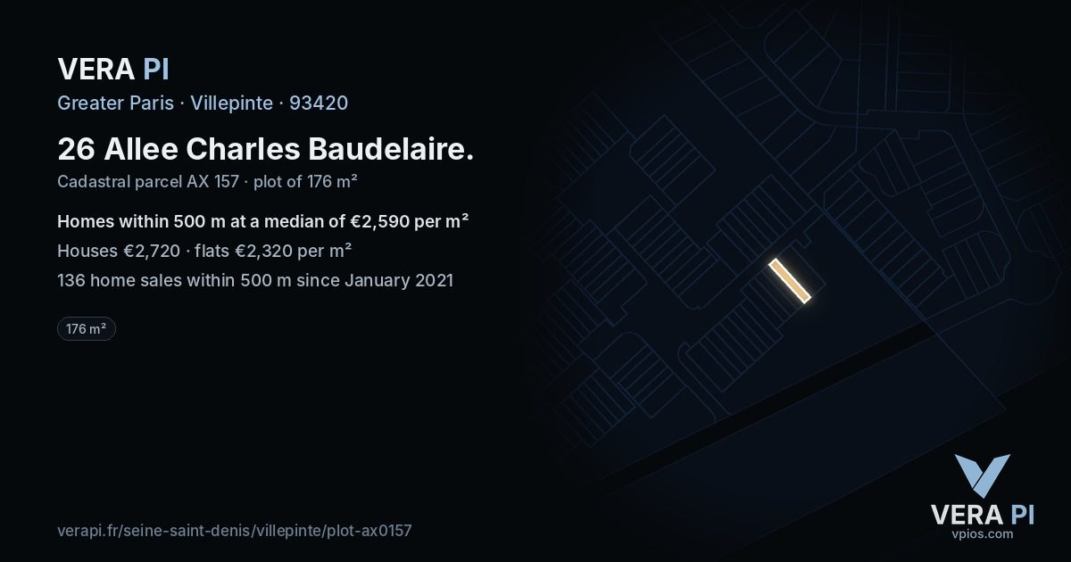 26 Allee Charles Baudelaire, Villepinte at night – the plot lit, the parcels around coloured by the prices near them