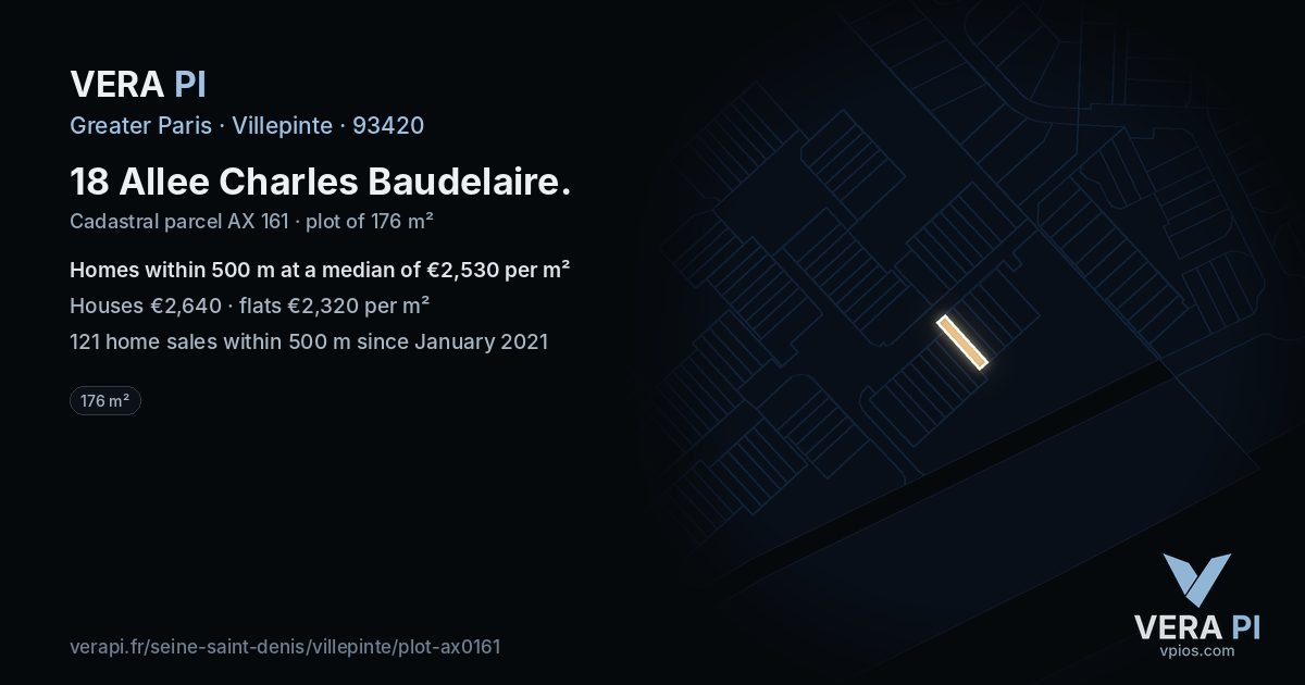 18 Allee Charles Baudelaire, Villepinte at night – the plot lit, the parcels around coloured by the prices near them