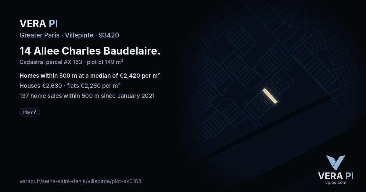 14 Allee Charles Baudelaire, Villepinte at night – the plot lit, the parcels around coloured by the prices near them