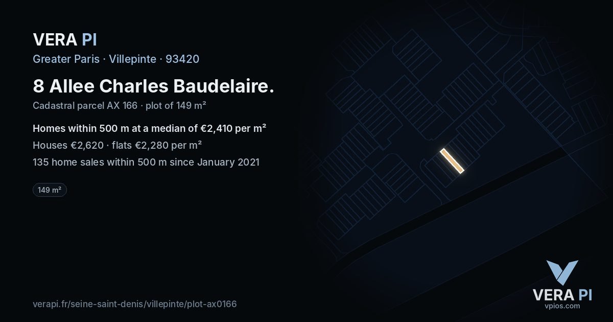 8 Allee Charles Baudelaire, Villepinte at night – the plot lit, the parcels around coloured by the prices near them