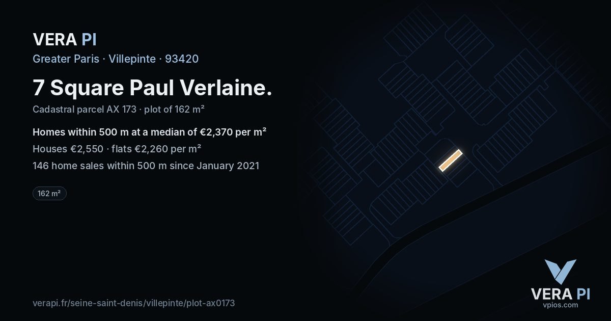 7 Square Paul Verlaine, Villepinte at night – the plot lit, the parcels around coloured by the prices near them
