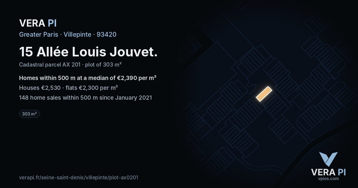 15 Allée Louis Jouvet, Villepinte at night – the plot lit, the parcels around coloured by the prices near them