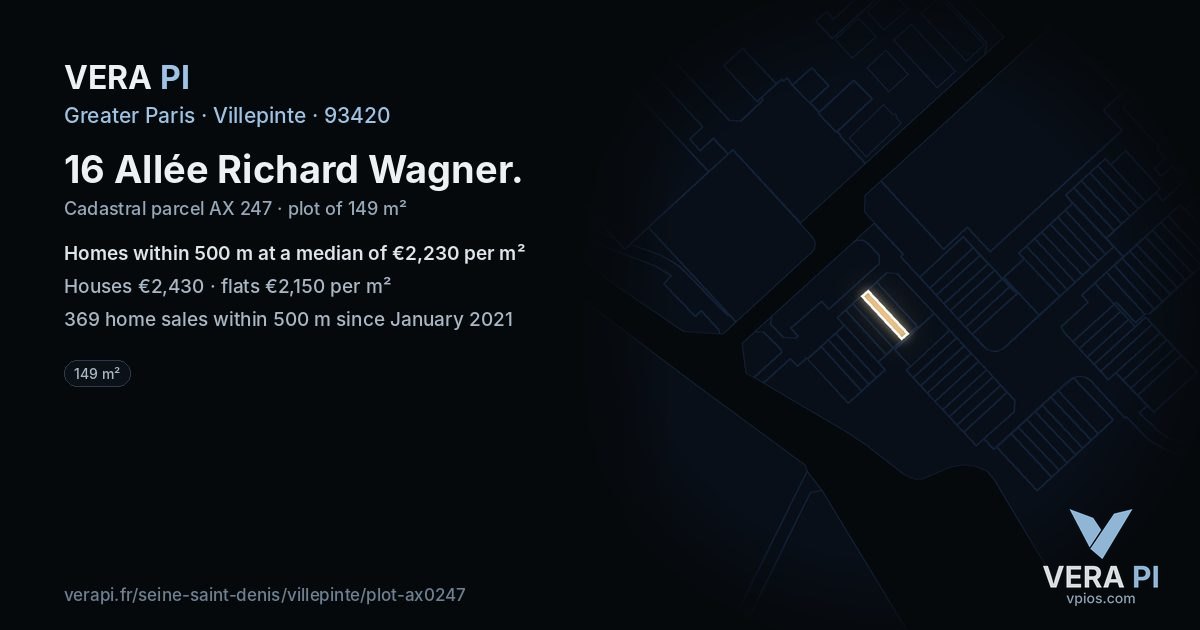 16 Allée Richard Wagner, Villepinte at night – the plot lit, the parcels around coloured by the prices near them
