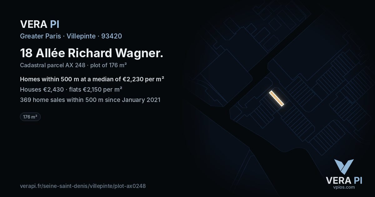 18 Allée Richard Wagner, Villepinte at night – the plot lit, the parcels around coloured by the prices near them