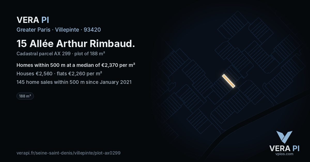 15 Allée Arthur Rimbaud, Villepinte at night – the plot lit, the parcels around coloured by the prices near them