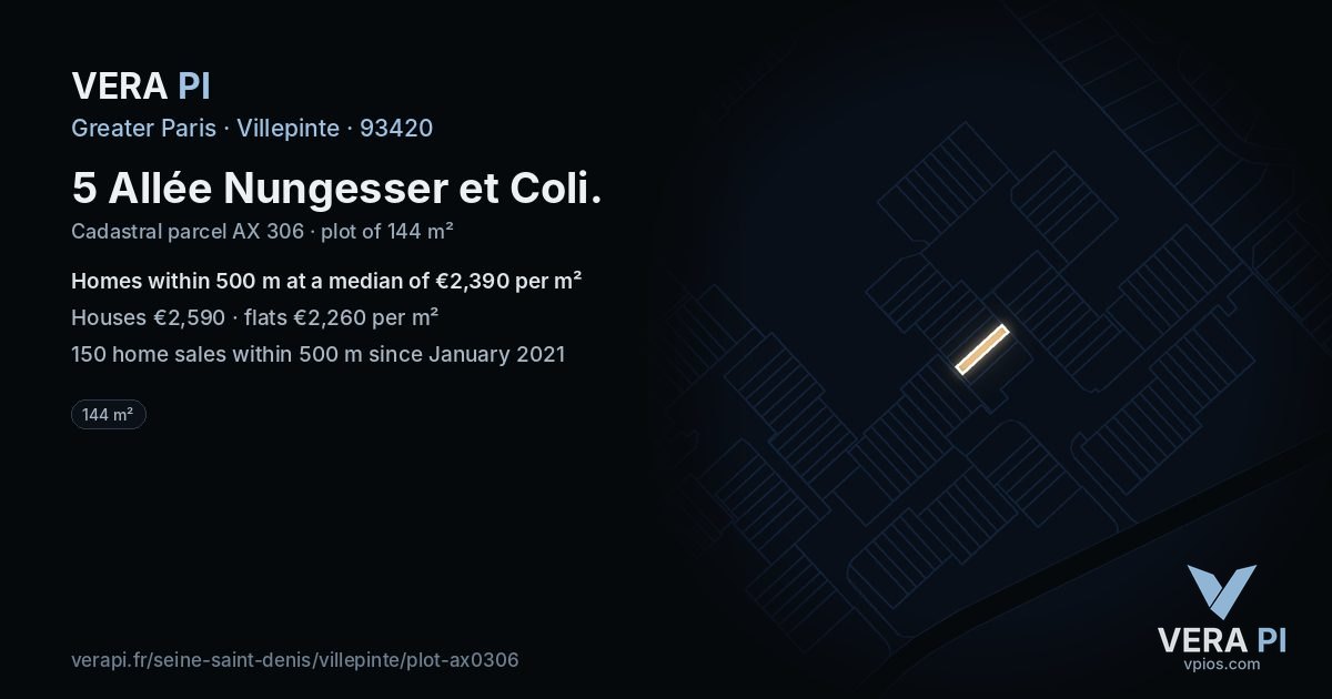 5 Allée Nungesser et Coli, Villepinte at night – the plot lit, the parcels around coloured by the prices near them