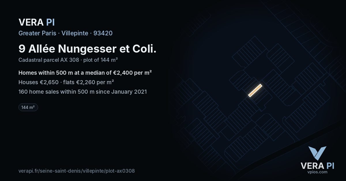 9 Allée Nungesser et Coli, Villepinte at night – the plot lit, the parcels around coloured by the prices near them