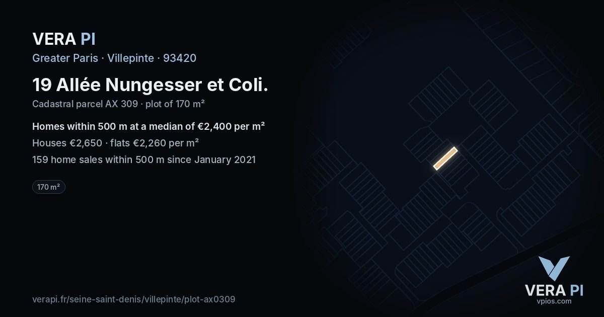 19 Allée Nungesser et Coli, Villepinte at night – the plot lit, the parcels around coloured by the prices near them