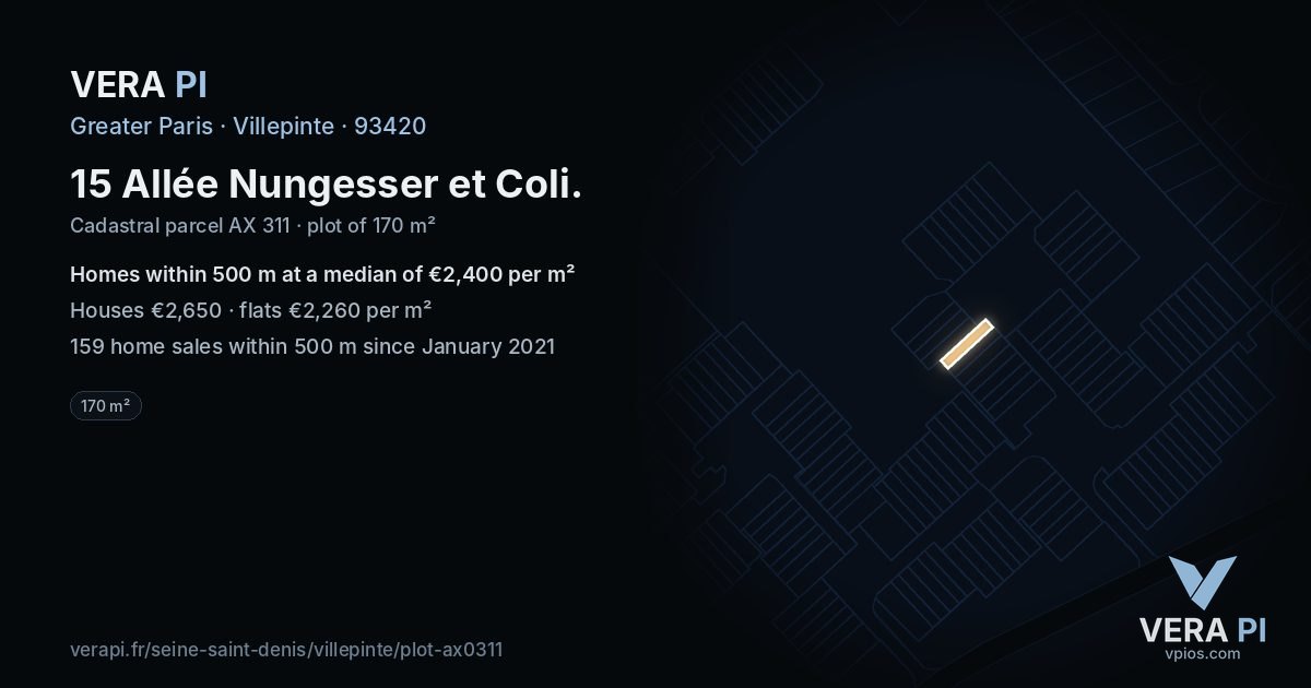 15 Allée Nungesser et Coli, Villepinte at night – the plot lit, the parcels around coloured by the prices near them
