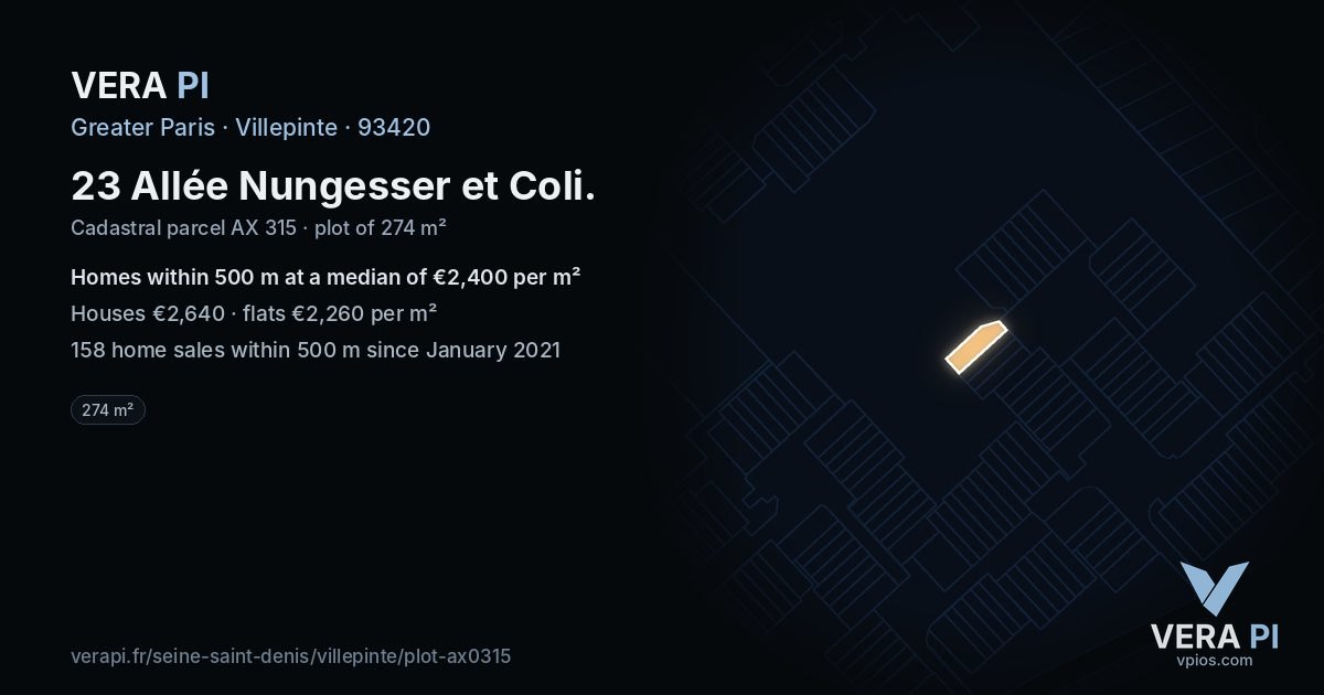 23 Allée Nungesser et Coli, Villepinte at night – the plot lit, the parcels around coloured by the prices near them