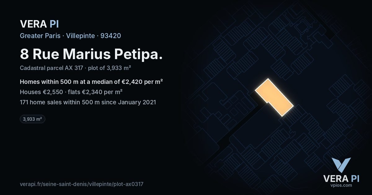 8 Rue Marius Petipa, Villepinte at night – the plot lit, the parcels around coloured by the prices near them