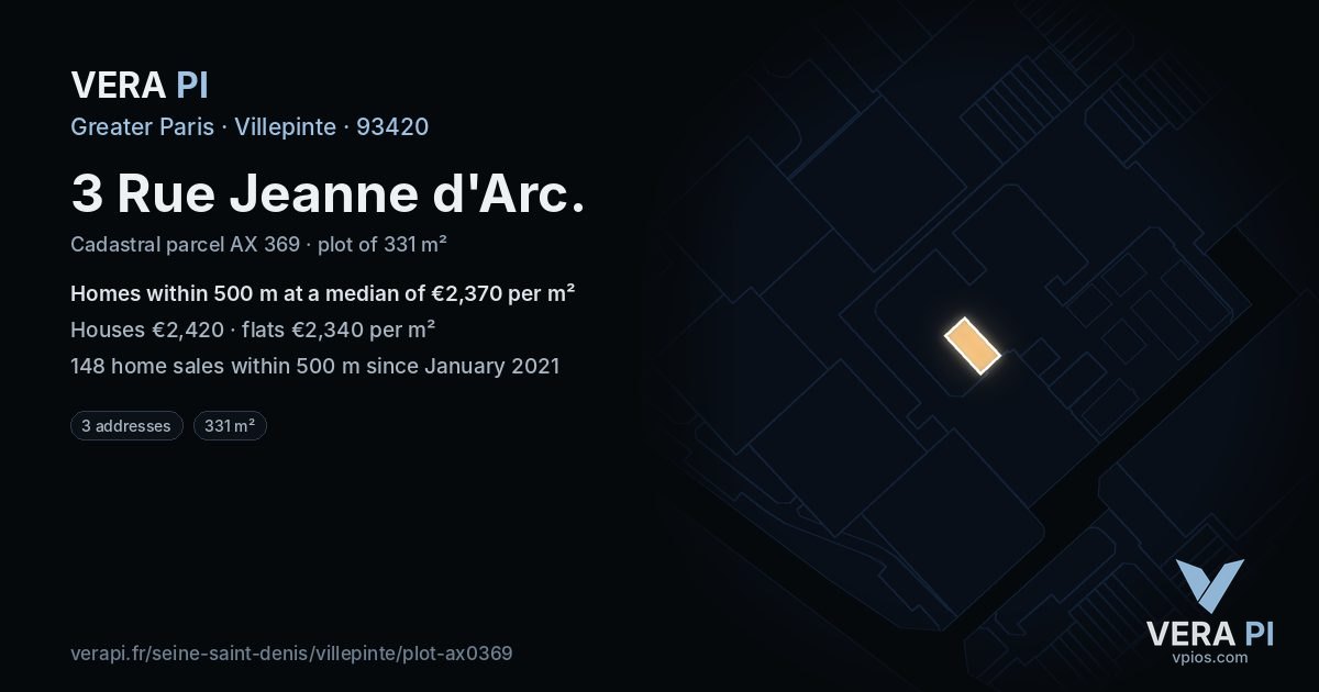 3 Rue Jeanne d'Arc, Villepinte at night – the plot lit, the parcels around coloured by the prices near them