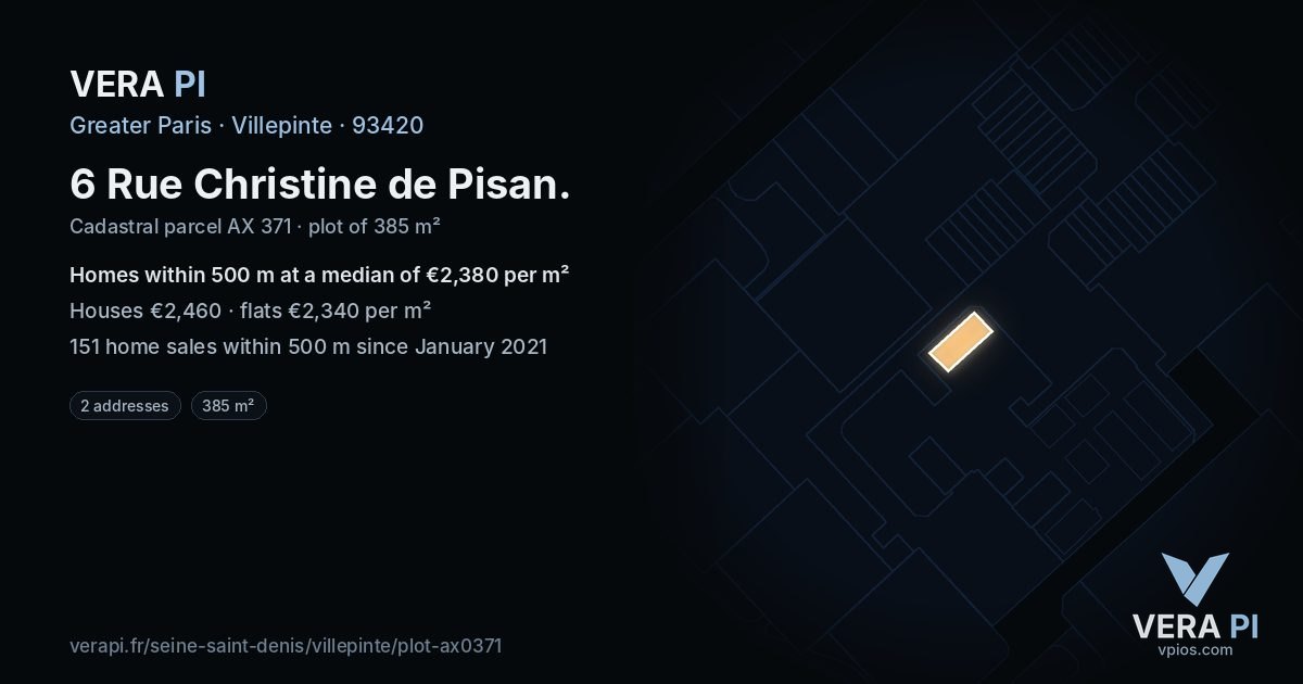 6 Rue Christine de Pisan, Villepinte at night – the plot lit, the parcels around coloured by the prices near them