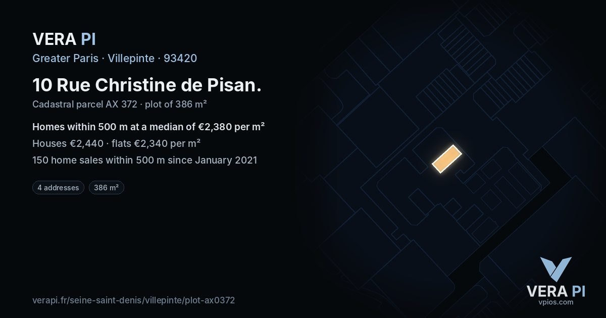 10 Rue Christine de Pisan, Villepinte at night – the plot lit, the parcels around coloured by the prices near them