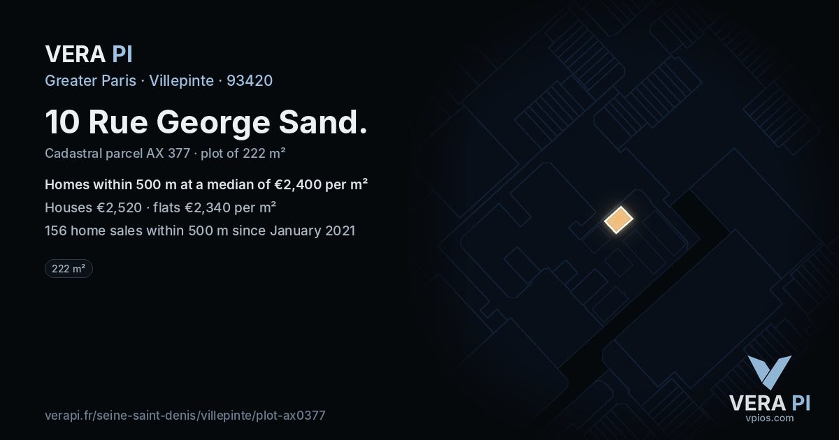 10 Rue George Sand, Villepinte at night – the plot lit, the parcels around coloured by the prices near them