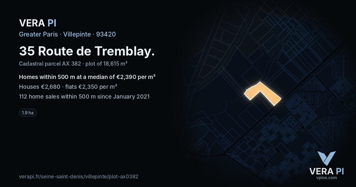 35 Route de Tremblay, Villepinte at night – the plot lit, the parcels around coloured by the prices near them