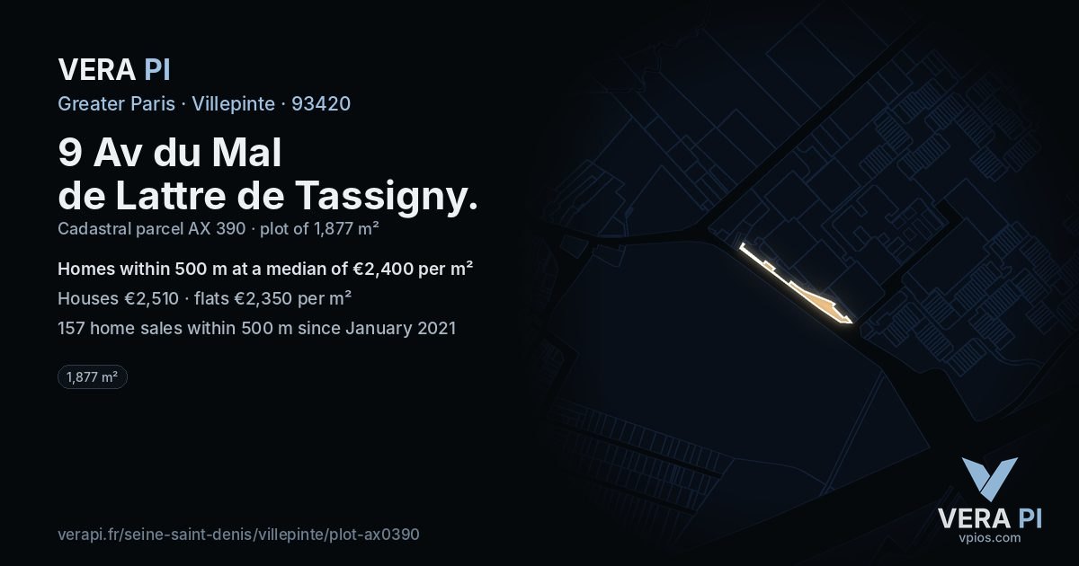 9 Av du Mal de Lattre de Tassigny, Villepinte at night – the plot lit, the parcels around coloured by the prices near them