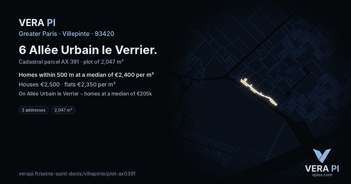 6 Allée Urbain le Verrier, Villepinte at night – the plot lit, the parcels around coloured by the prices near them