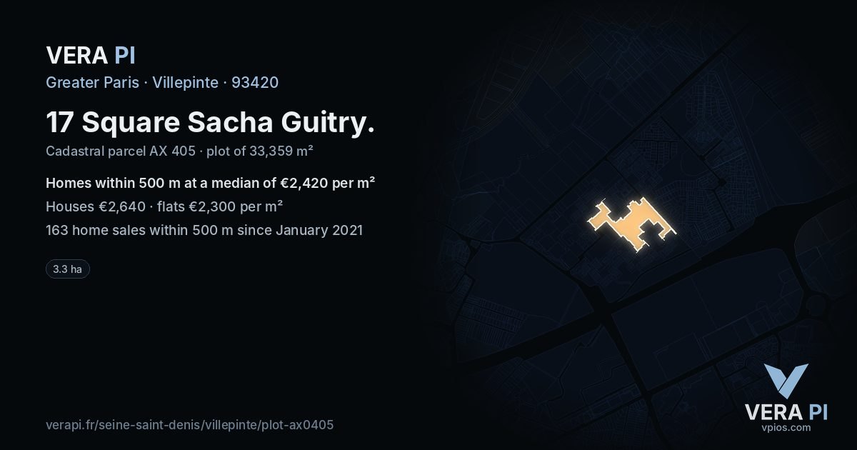 17 Square Sacha Guitry, Villepinte at night – the plot lit, the parcels around coloured by the prices near them