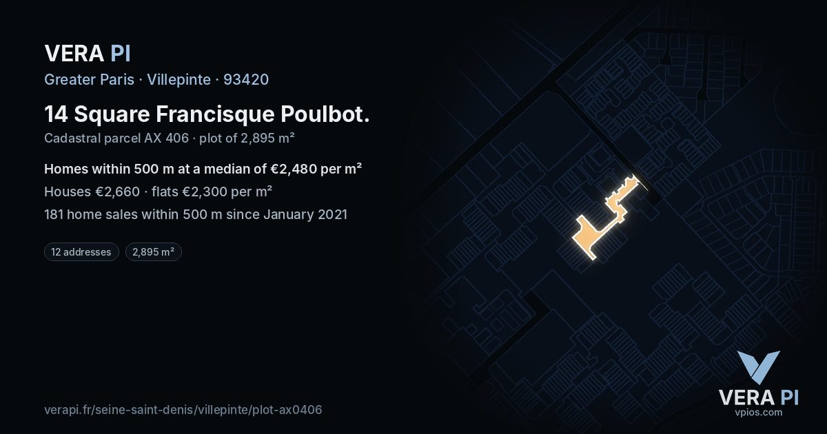 14 Square Francisque Poulbot, Villepinte at night – the plot lit, the parcels around coloured by the prices near them