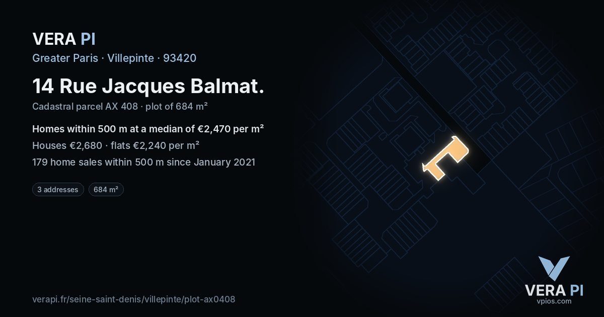 14 Rue Jacques Balmat, Villepinte at night – the plot lit, the parcels around coloured by the prices near them