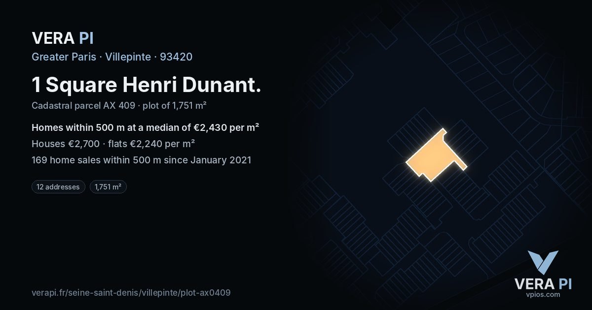 1 Square Henri Dunant, Villepinte at night – the plot lit, the parcels around coloured by the prices near them