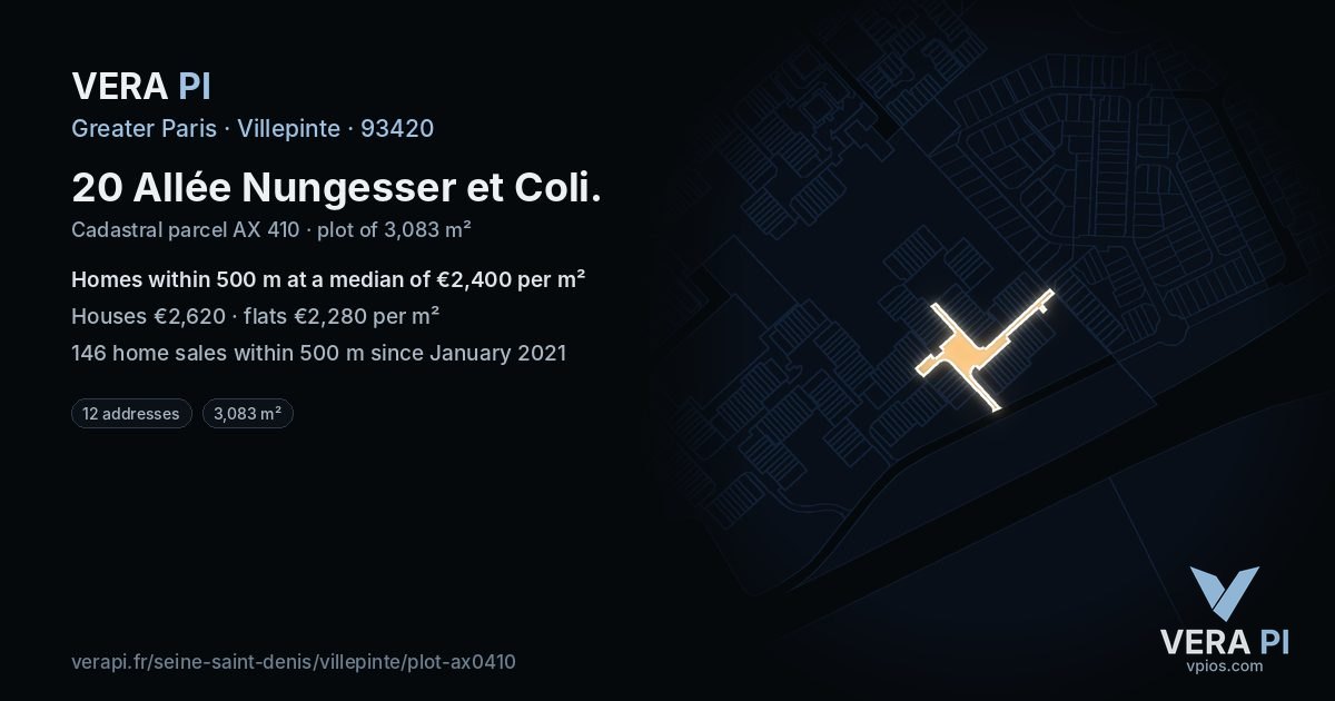 20 Allée Nungesser et Coli, Villepinte at night – the plot lit, the parcels around coloured by the prices near them