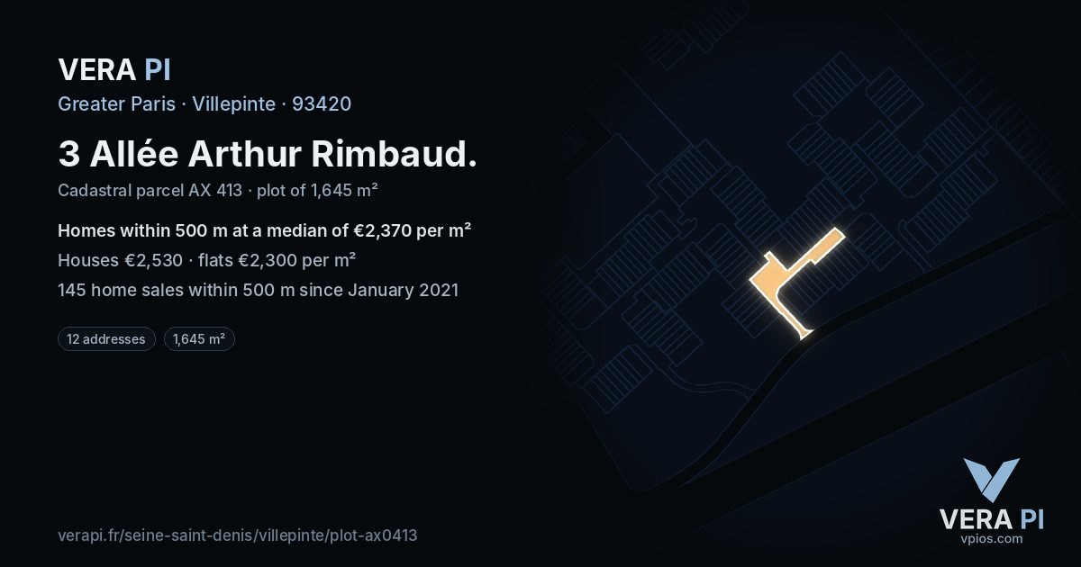 3 Allée Arthur Rimbaud, Villepinte at night – the plot lit, the parcels around coloured by the prices near them