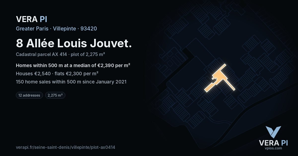 8 Allée Louis Jouvet, Villepinte at night – the plot lit, the parcels around coloured by the prices near them