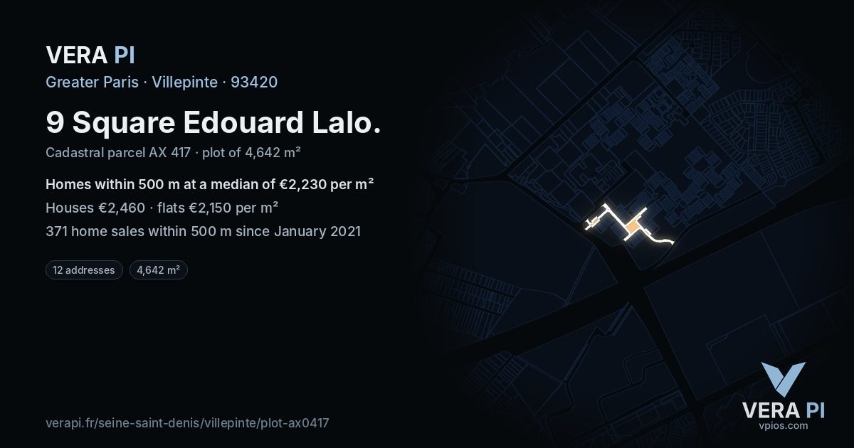 9 Square Edouard Lalo, Villepinte at night – the plot lit, the parcels around coloured by the prices near them