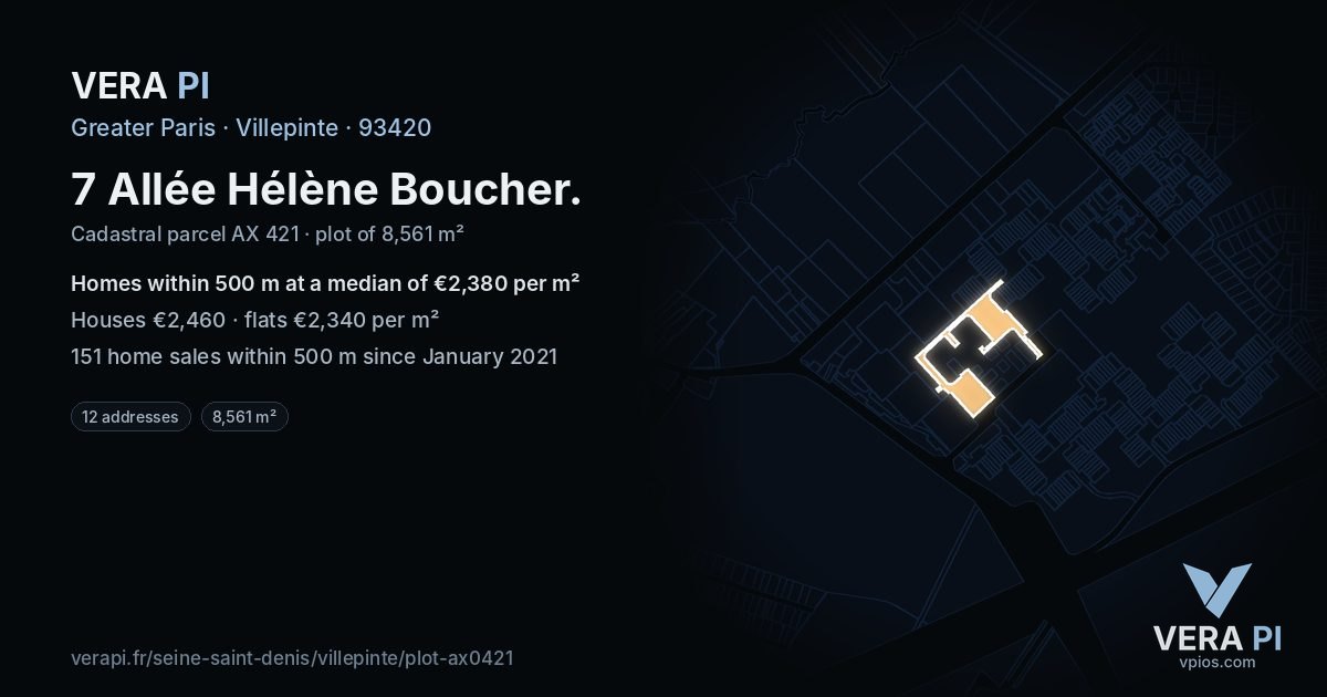 7 Allée Hélène Boucher, Villepinte at night – the plot lit, the parcels around coloured by the prices near them