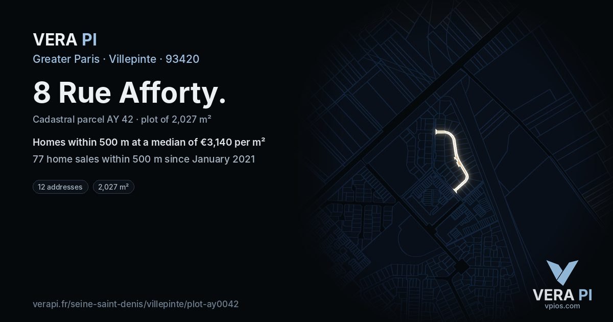 8 Rue Afforty, Villepinte at night – the plot lit, the parcels around coloured by the prices near them