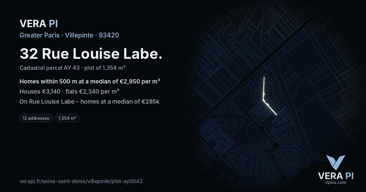 32 Rue Louise Labe, Villepinte at night – the plot lit, the parcels around coloured by the prices near them