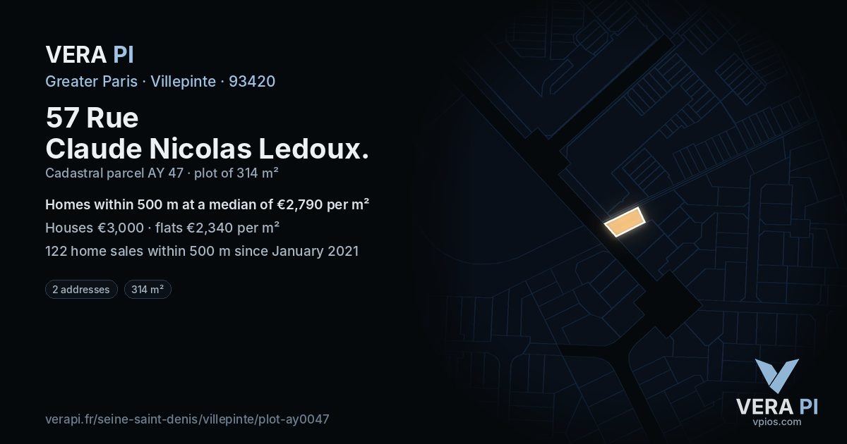 57 Rue Claude Nicolas Ledoux, Villepinte at night – the plot lit, the parcels around coloured by the prices near them