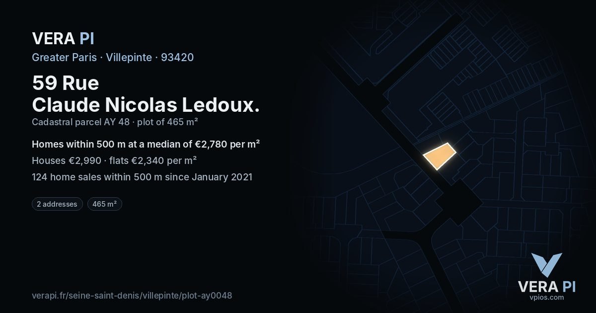 59 Rue Claude Nicolas Ledoux, Villepinte at night – the plot lit, the parcels around coloured by the prices near them