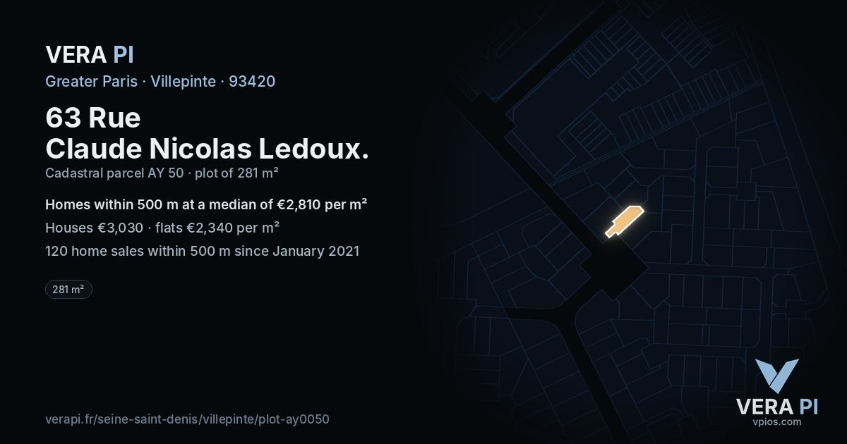 63 Rue Claude Nicolas Ledoux, Villepinte at night – the plot lit, the parcels around coloured by the prices near them