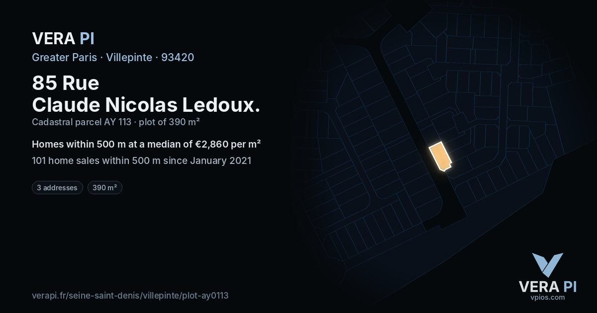 85 Rue Claude Nicolas Ledoux, Villepinte at night – the plot lit, the parcels around coloured by the prices near them