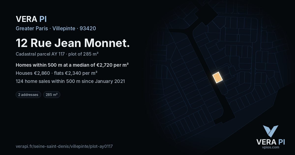 12 Rue Jean Monnet, Villepinte at night – the plot lit, the parcels around coloured by the prices near them