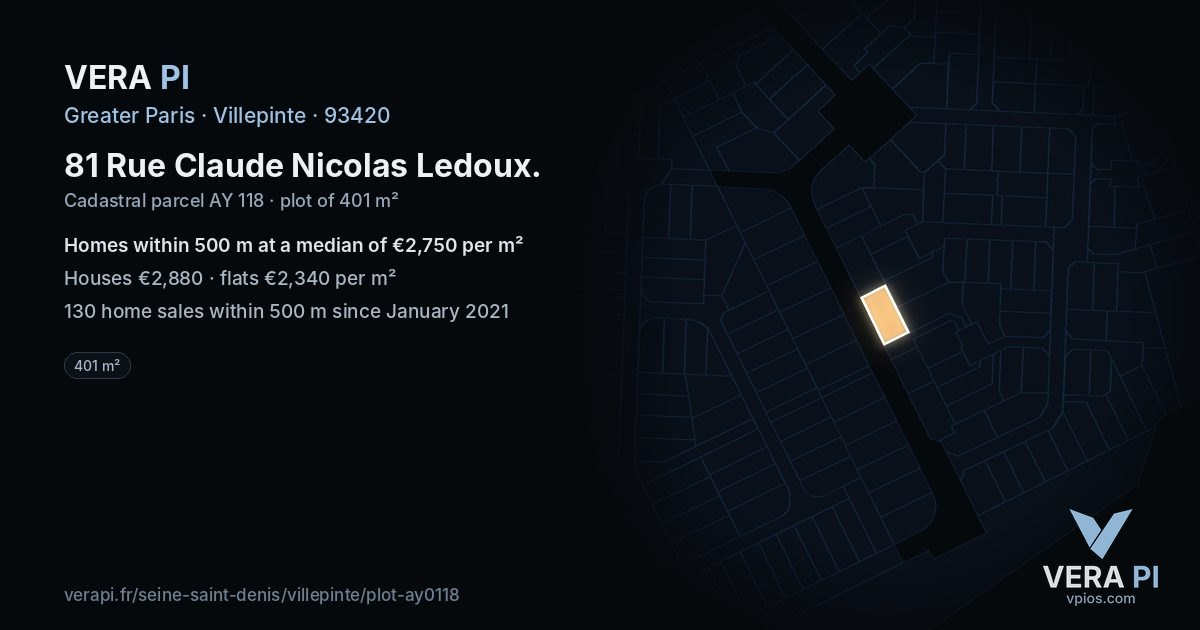 81 Rue Claude Nicolas Ledoux, Villepinte at night – the plot lit, the parcels around coloured by the prices near them