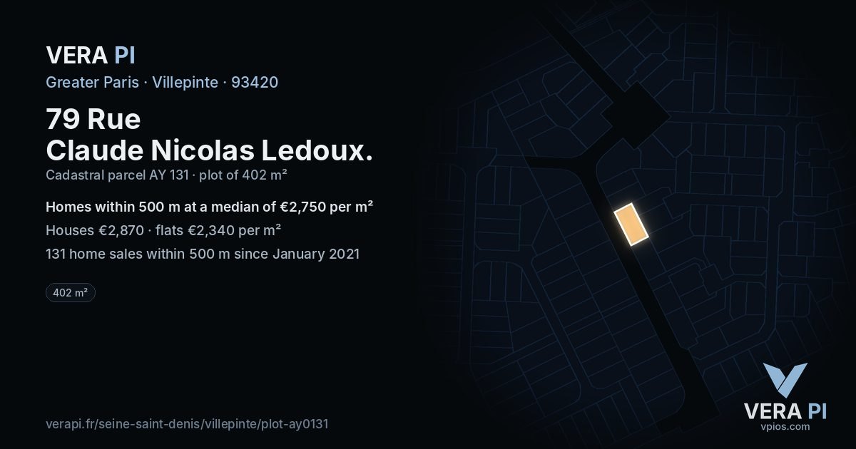 79 Rue Claude Nicolas Ledoux, Villepinte at night – the plot lit, the parcels around coloured by the prices near them