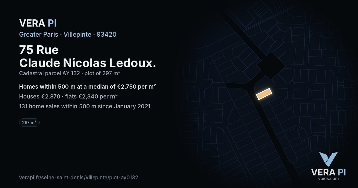 75 Rue Claude Nicolas Ledoux, Villepinte at night – the plot lit, the parcels around coloured by the prices near them