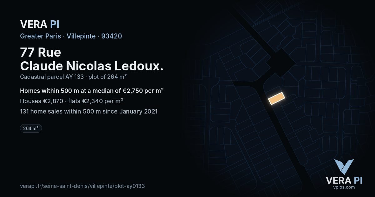 77 Rue Claude Nicolas Ledoux, Villepinte at night – the plot lit, the parcels around coloured by the prices near them