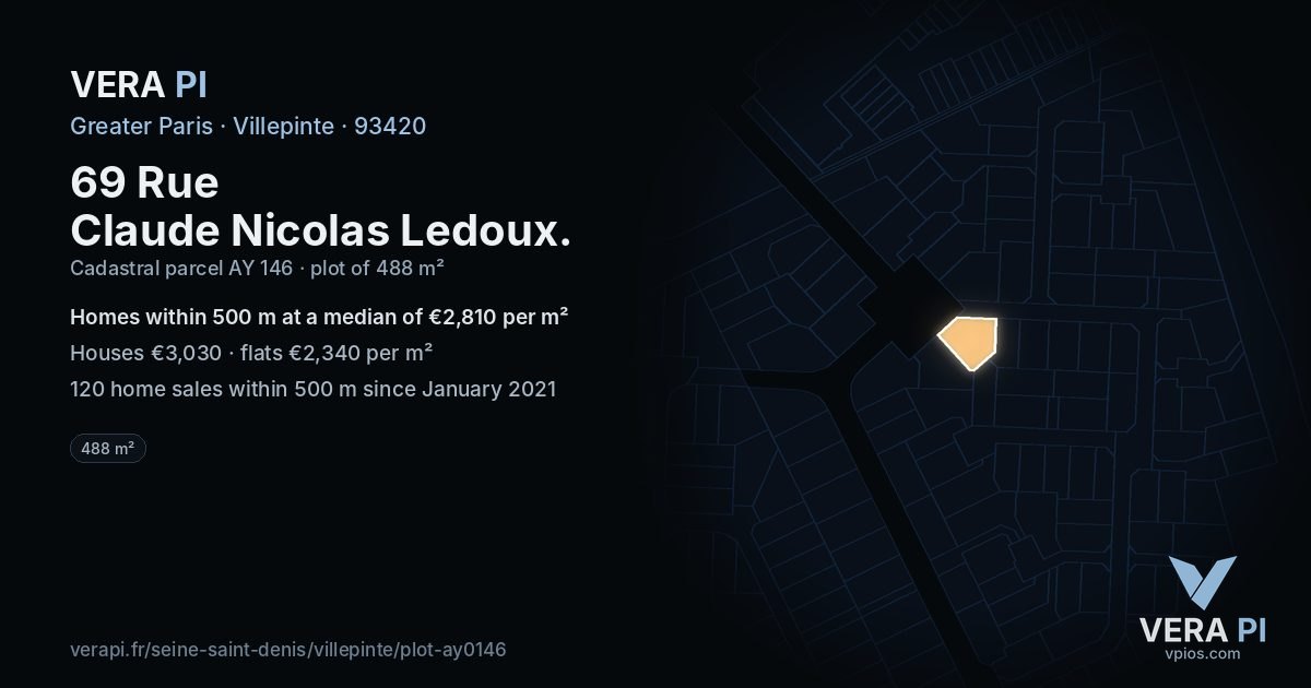 69 Rue Claude Nicolas Ledoux, Villepinte at night – the plot lit, the parcels around coloured by the prices near them