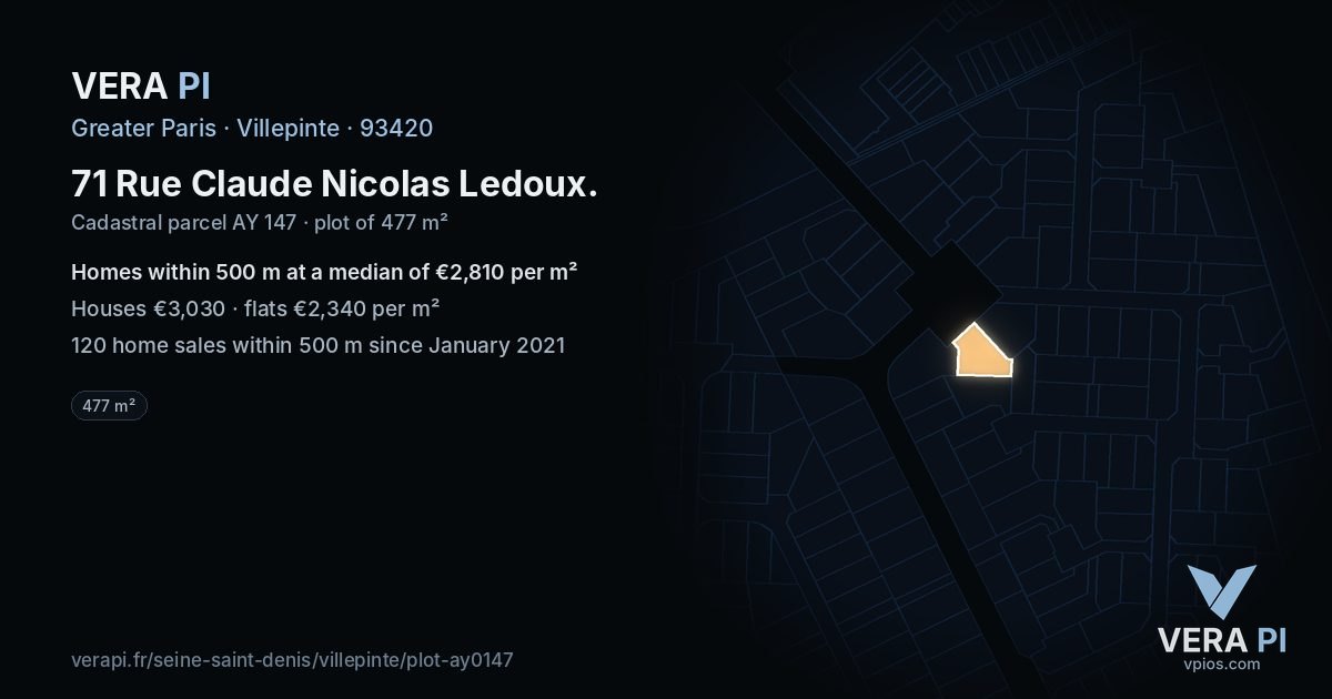 71 Rue Claude Nicolas Ledoux, Villepinte at night – the plot lit, the parcels around coloured by the prices near them