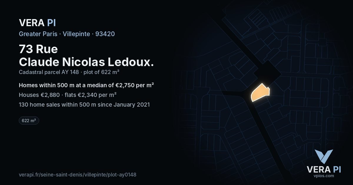 73 Rue Claude Nicolas Ledoux, Villepinte at night – the plot lit, the parcels around coloured by the prices near them