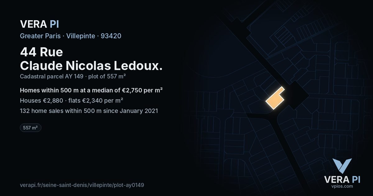 44 Rue Claude Nicolas Ledoux, Villepinte at night – the plot lit, the parcels around coloured by the prices near them