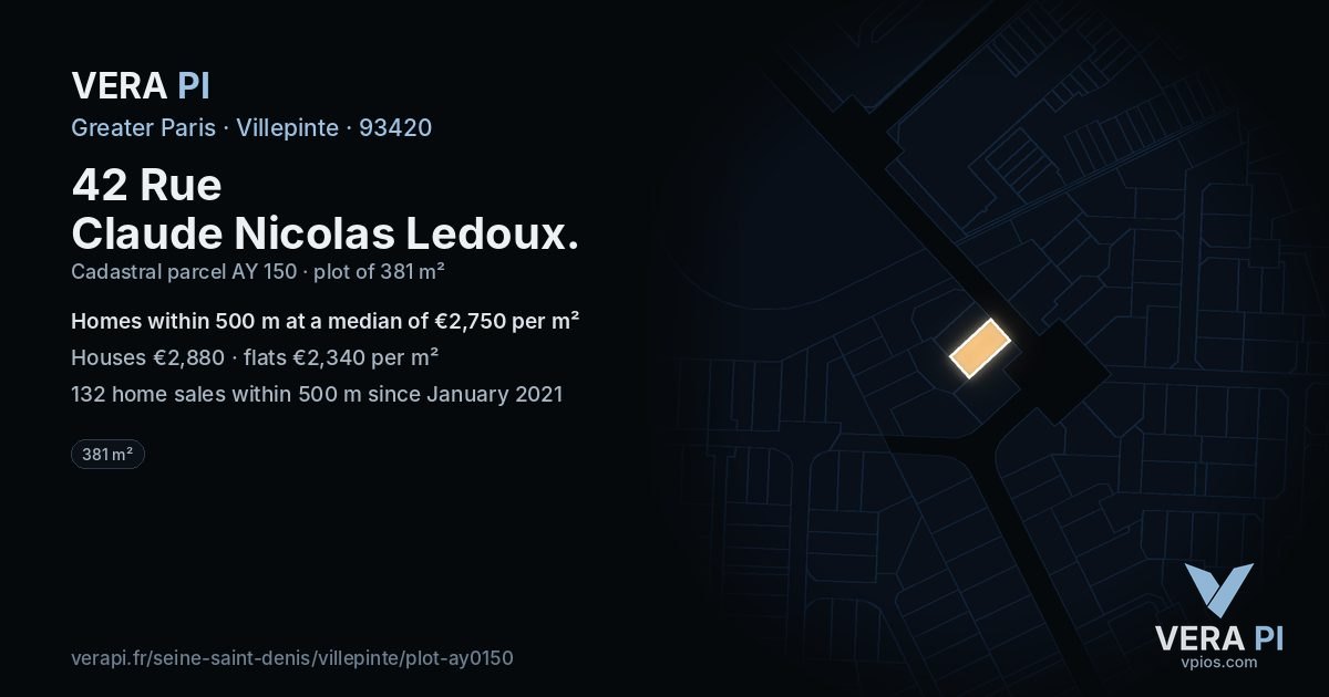 42 Rue Claude Nicolas Ledoux, Villepinte at night – the plot lit, the parcels around coloured by the prices near them