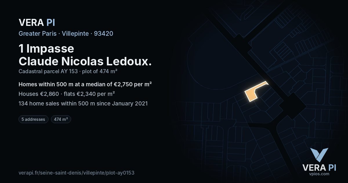 1 Impasse Claude Nicolas Ledoux, Villepinte at night – the plot lit, the parcels around coloured by the prices near them