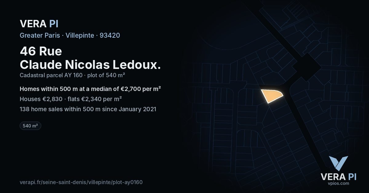 46 Rue Claude Nicolas Ledoux, Villepinte at night – the plot lit, the parcels around coloured by the prices near them
